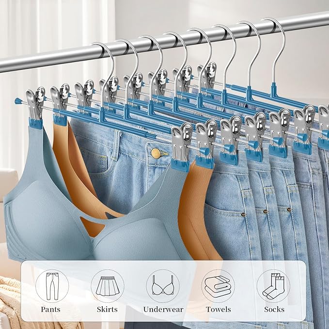 Pants Hangers with Clips 20 Pack Adjustable Skirt Hangers for Women Non-Slip Trousers Hanger for Jeans Clothes Hangers for Pants Heavy Duty Space Saving Shorts Hangers,Blue,12Inch