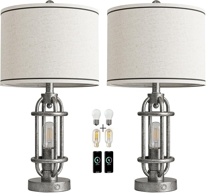 23.75'' Table Lamps Set of 2 for Living Room Bedroom Industrial Farmhouse Metal Touch Lamps with USB A+C Ports, Night Light Vintage Nightstand Bedside Lamp, Bulbs Included, Antique Silver