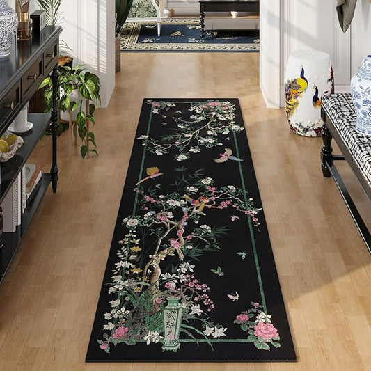 Runner Rug 2x6 Chinoiserie-Style Floral Vintage Kitchen Rugs Non Slip Washable with Rubber Backing Soft Carpet for Laundry, Bedroom, Bathroom, Black