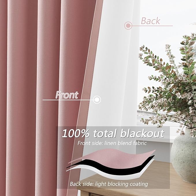 Guken 100% Blackout Linen Curtains 120 Inch 2 Panels Set for Girl's Bedroom, Living Room, Nursery, Back Tab Thermal Insulated Black Out Drapes Room Darkening, Pink