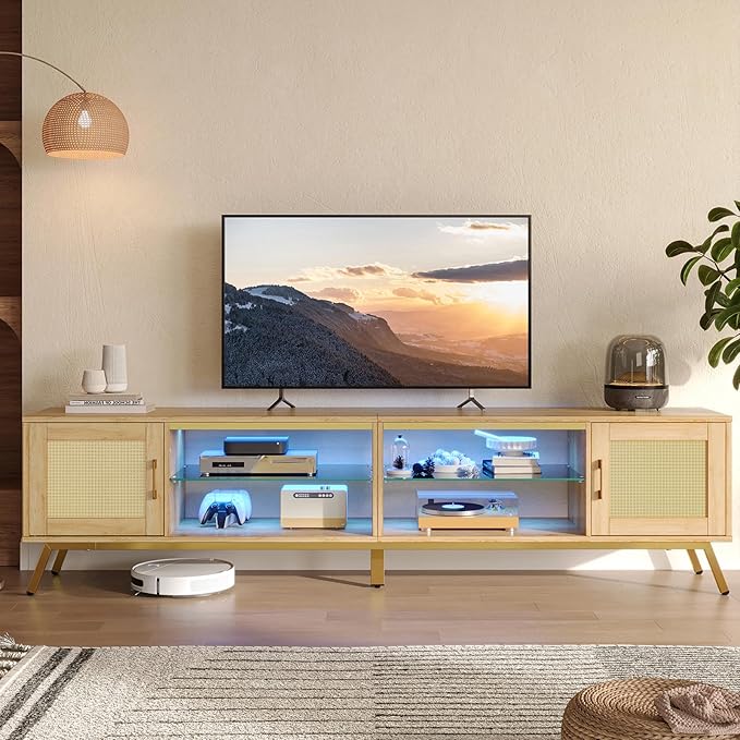 Bestier 80 Inch Natural Rattan TV Stand with Storage for 85 Inch TV, 4-in-1 Mid Century Modern Entertainment Center with LED Lights, Doors and Adjustable Glass Shelves for Living Room, Natural