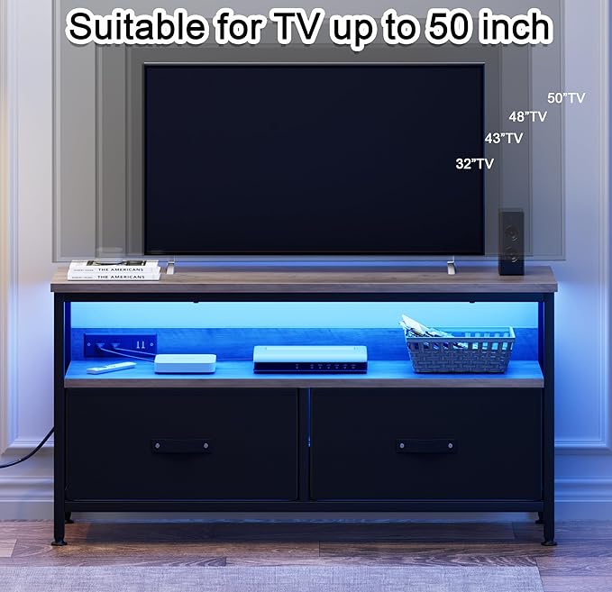 39" Dresser TV Stand for TVs up to 50", Media Console with LED Lights, Charging Station & 2 Drawer Storage Chest, Gaming Entertainment Center with Storage for Bedroom (Grey, 39 in)