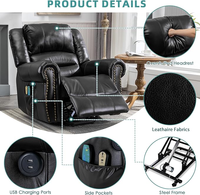 MEETWARM Large Power Lift Electric Recliner Chair for Elderly with Massage and Heat, Overstuffed Wide Recliner, Heavy Duty Sofa for Living Room with 2 Remote Control/USB Ports/Side Pockets(Black)