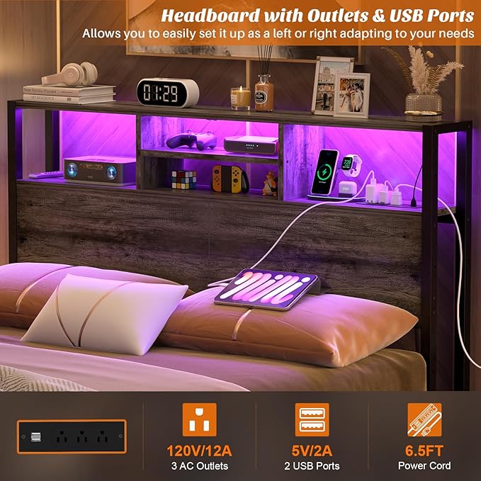 Aheaplus Headboard for Full Size Bed with Storage, Headboards with Outlets, USB Ports and LED Light, Full Size Head Board Only, Height Adjustable, Reversible, Sturdy and Stable Headboard, Black Oak