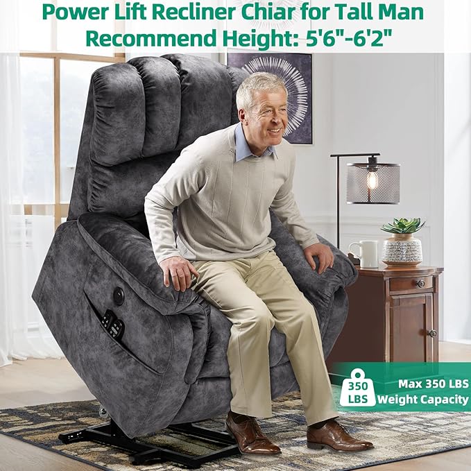 VIVIJASON Tall Man Large Dual Motor Power Lift Recliner Chair with Extended Footrest, Overstuffed Lay Flat Sleeper Electric Recliner W/Heat & Massage, Lumbar Pillow, USB & Type-C Ports, Plush Gray