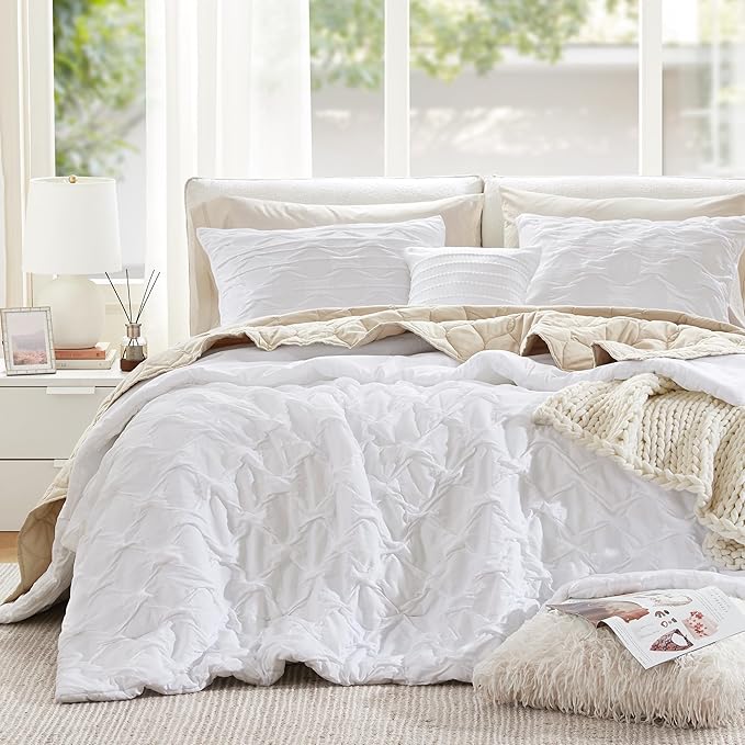 Comfort Spaces Comforter for Queen Size Bed, Ogee Ruched with Crinkle Texture, Breathable Comforter Set Queen, All Season Lightweight Bedding Set, Shams, Décor Pilow, Full/Queen White 4 Piece