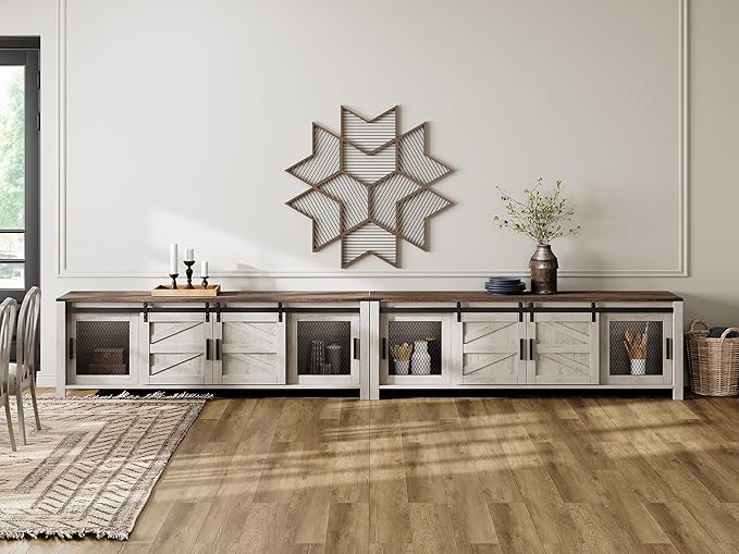 WAMPAT Farmhouse TV Stands for 100+ Inch TV, Wooden Entertainment Center with Mesh Barn Doors, Media Console with Storage Shelf for Living Room Bedroom, Rustic Oak and White