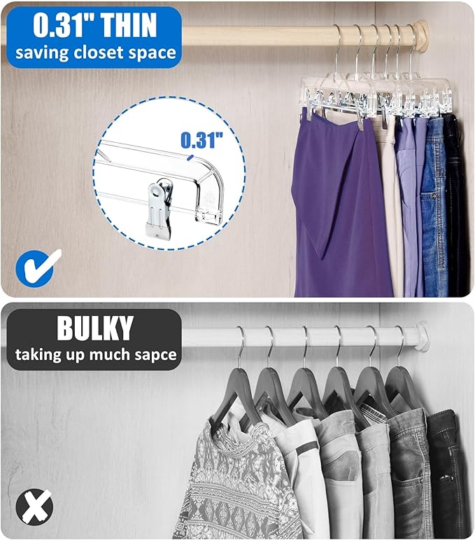 Amber Home 24 Pack Clear Plastic Jeans Pants Skirt Hangers, Bottom Hangers with Adjustable Clips & 360 Swivel Hook, Crystal Clear Plastic Clothes Hangers for Jeans, Pants, Skirts, Short