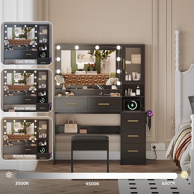 Makeup Vanity with Lights & Charging Station, Black Vanity Table with 5 Drawers & Open Storage Shelves, Bedroom Makeup Dressing Table Set for Women Girls Golden Handles