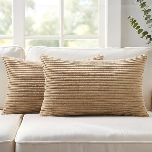 Mecatny Corduroy Decorative Throw Pillow Covers 12x20 Set of 2 for Sofa Living Room, Soft Neutral Boho Couch Pillow Covers for Home Decor, Khaki