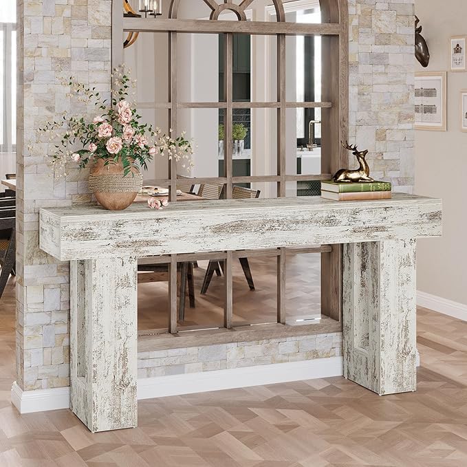 Tribesigns 63-Inch Long Console Table, Farmhouse Wooden Sofa Table Behind The Couch, Narrow Entryway Table for Entrance, Hallway, Living Room (Distressed White)
