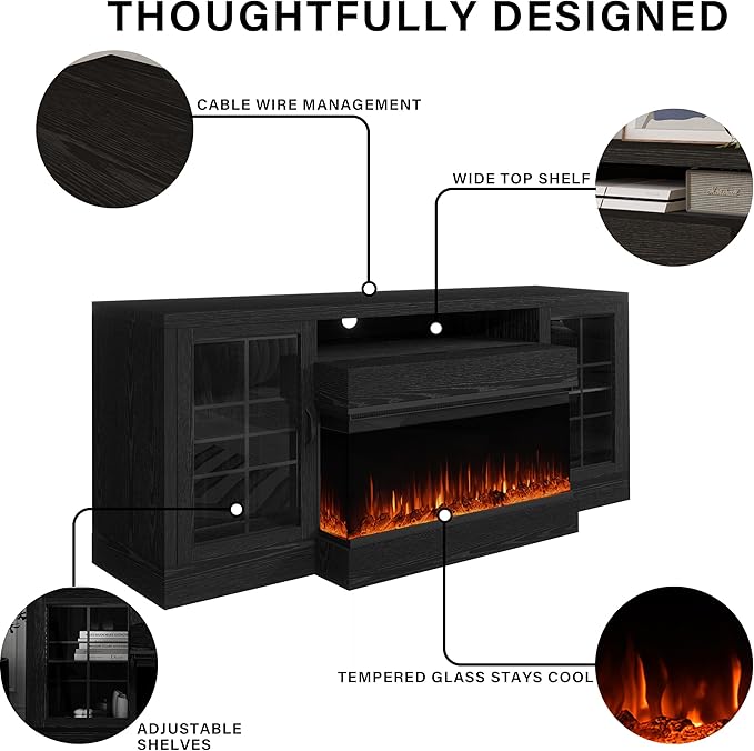 CharaVector 3-Sided Farmhouse TV Stand for TVs up to 75'', Modern TV Console with Glass Door Storage Cabinet, 60'' Large TV Stands for 30''Fireplace, Black (ONLY TV Stand)