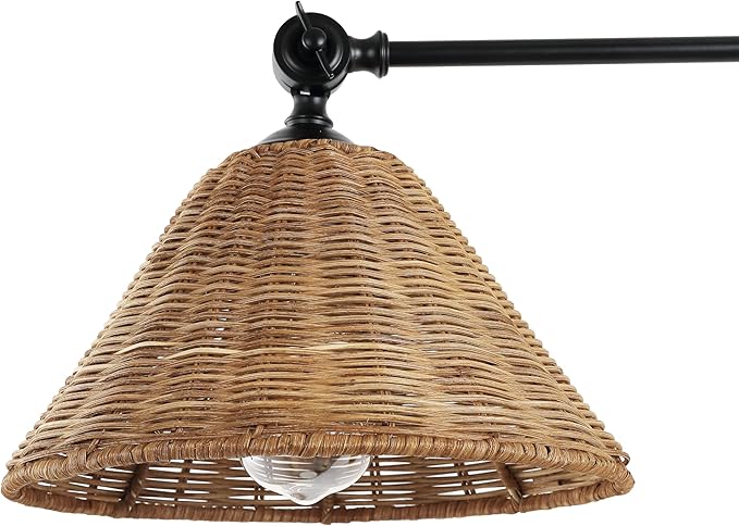 WINGBO Wall Sconce Rattan Wrapped Wall Lamp, Adjustable Swing Arm Wall Light Fixture Vintage Bedside Light Wicker Handmade Shade Reading Light Plug in or Hardwire (Black, 2 Pack)