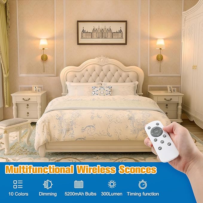 NIORSUN 19.9 inch Battery Operated Wall Sconce Set of 2,Gold Rechargeable Wall Lights with 5200mAh Dimmable Detachable Bulbs and Remote,10 Colors Wireless Sconces for Bedroom Living Room Hallway