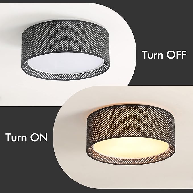 WINGBO 20" Modern 5-Light Flush Mount Ceiling Light Fixture with Fabric & Acrylic Double Drum Shade for Bedroom Living Room Dining Room Hallway Entryway, Black