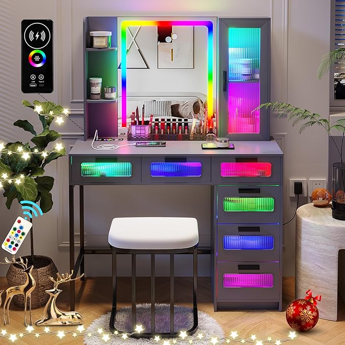 HNEBC Grey LED Vanity, Makeup Vanity with RGB Lights and 6 Drawers for Bedroom, Makeup Desk with USB/Wireless Charging, Dressing Table with Shelves/Cabins/Stool, Vanity Table Set as Gifts for Girls