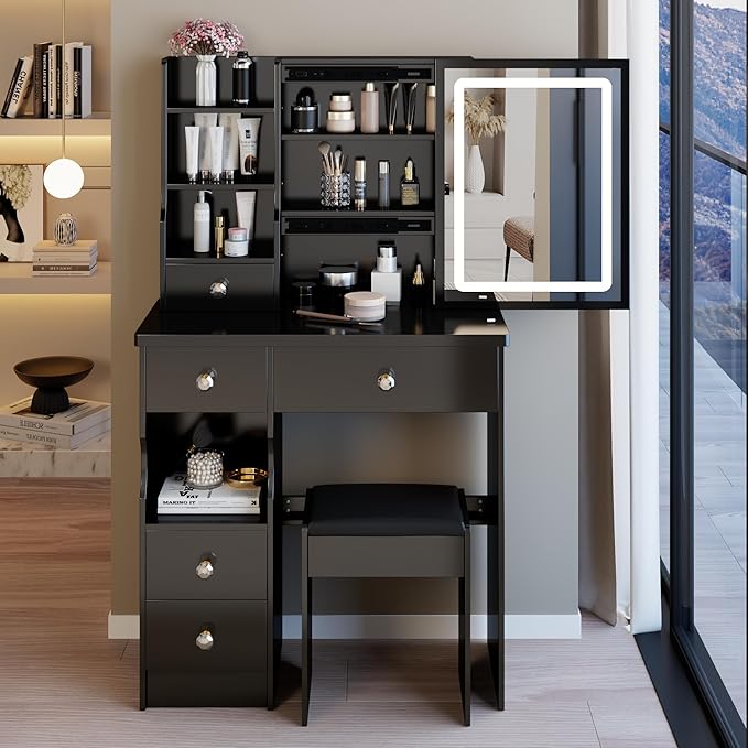 29.2" Small Vanity Desk with Mirror and Lights, Makeup Table with Led Lights and Sliding Mirror, 3 Lighting Colors, Vanity Set with 5 Drawers and Stool for Small Space Bedroom, Black