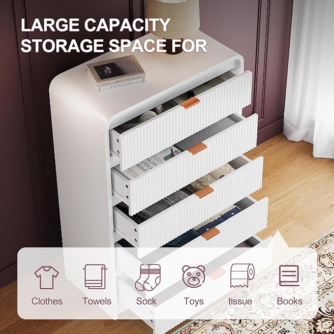 FURSUN Fluted 5 Drawers Dresser for Bedroom, 48" Tall Wooden Modern Dresser with Metal Handle, Curved Profile Design, Storage Organizer for Living Room, Hallway (White)