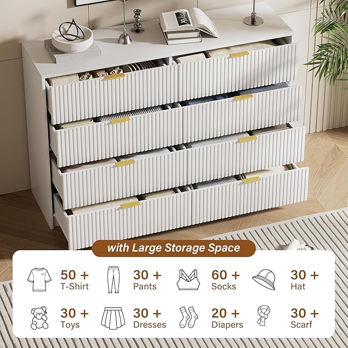 White 8 Drawer Dresser for Bedroom, Modern Dresser with Smooth Slides, Wide Chest of Drawers with Golden Handles for Bedroom, Living Room, Closet, 15.7" D x 55" W x 37.4" H