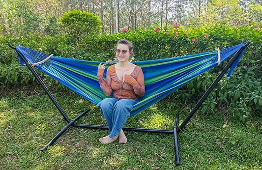 Double Hammock 2 Person Large 220x160cm with Steel Stand and Removable Spreader bar Load 500lb, Canvas Cotton Hammocks for Patio Porch Garden Backyard Outdoor and Indoor, Blue