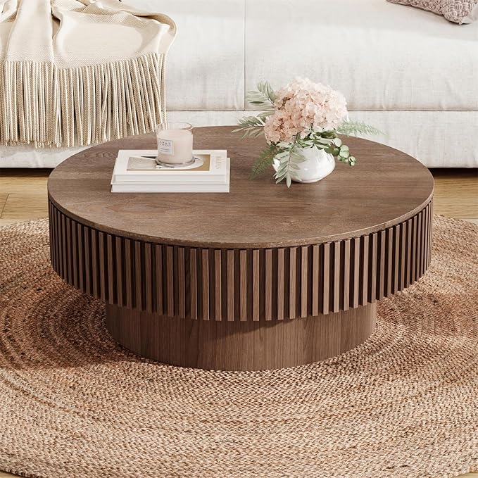 Round Coffee Table for Living Room, Accent Fluted Drum Coffee Table with Storage, Modern Solid Wood Veneered Circle Center Tea Table for Small Space Apartment (31.5''D×14''H-Walnut)