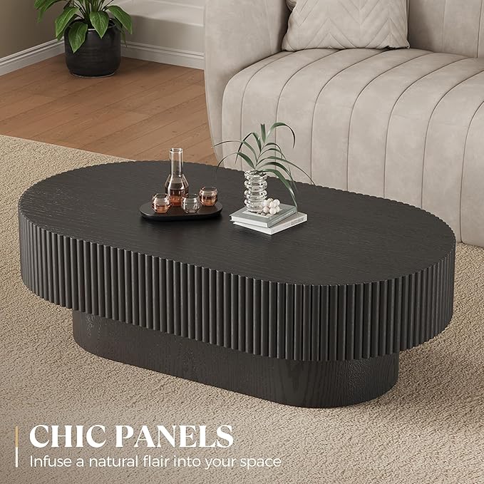 43.7” Oval Coffee Table, Modern Wood Fluted Coffee Table for Living Room, Veneer Handcrafted Relief Center Table with Sturdy Pedestal，Easy Assembly - Black