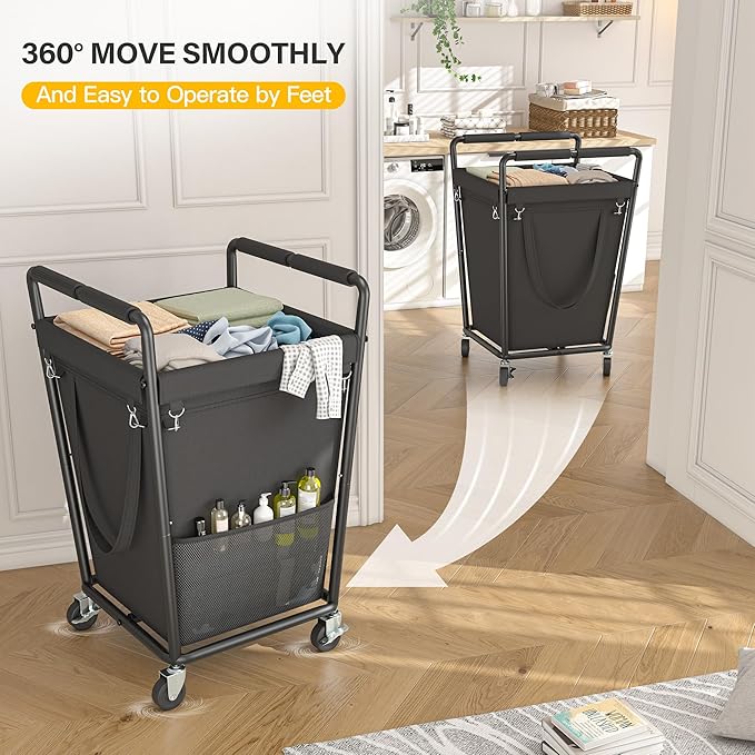 Laundry Basket with Wheels & Handles, 180L Laundry Cart with Removable Bag & Metal Frame for Clothes Storage, Laundry Room Organization Rolling Hamper with Wheels For Laundry, Dorm (Black)