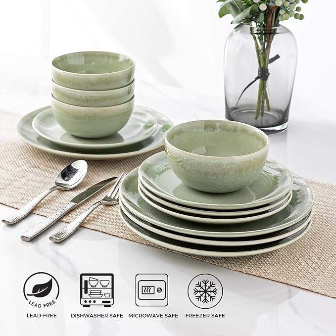 AmorArc Ceramic Dinnerware Sets for 8, 24 Pieces Handpainted Plates and Bowls Set, Scratch Resistant Stoneware Dishes Set, Dishwasher & Microwave Safe, Olive Green