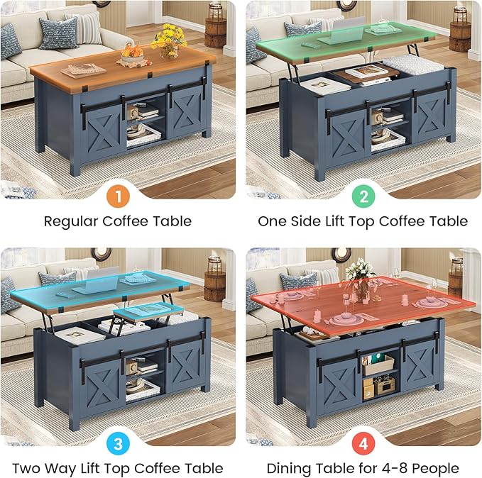 SEDETA Lift Top Coffee Table, 4 in 1 Multi-Function Convertible Coffee Tables with Storage and Hidden Compartment, Farmhouse Coffee Table Converts to Dining Table for Living Room, Blue