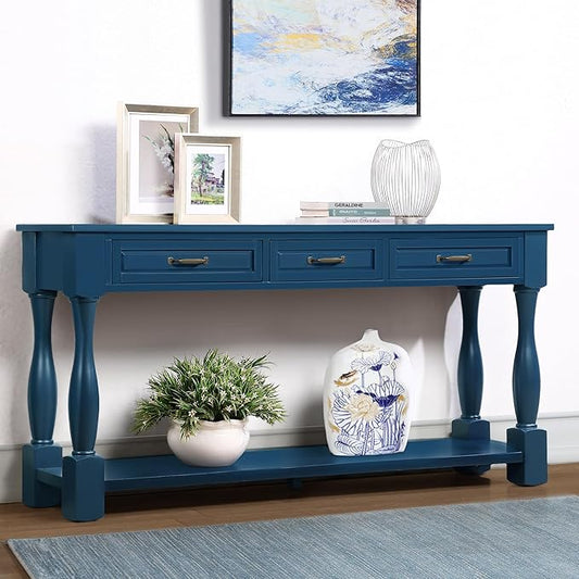 63inch Solid Wood Console Table with 3 Drawers and 1 Bottom Shelf Extra-Thick Sofa Table (Navy Blue)