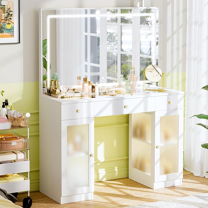 Pamapic Makeup Vanity with Crystal Knobs, Glass Top Vanity Desk with Mirror and Lights, Power Outlet, Drawers and Cabinet, 3 Lighting Color Adjustable Dressing Table, Upgraded Silent Slides, White
