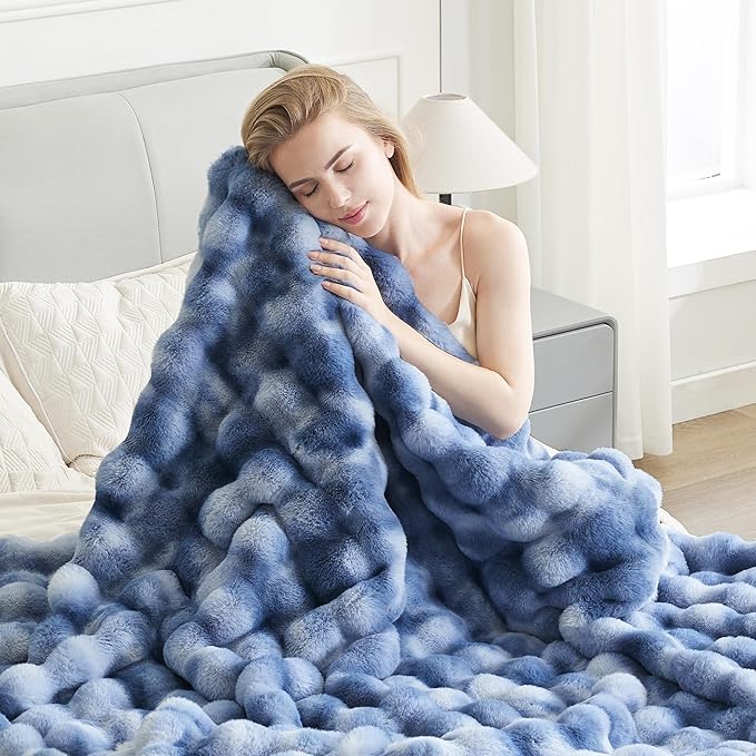 Ultra Plush Bubble Faux Rabbit Fur Blanket – 950GSM Thick Fluffy Throw Blanket for Bed, Couch, Sofa, or Gift, 60" × 80", Tie-dye Blue