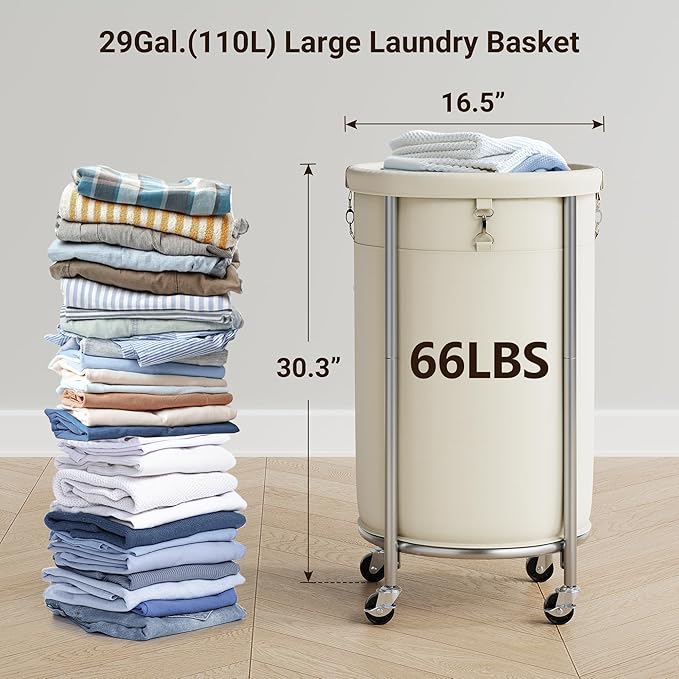 ELYKEN Laundry Hamper with Wheels, 110L Rolling Laundry Basket, Round Laundry Cart with Steel Frame and Removable Bag, 4 Casters and 2 Brakes, Dirty Clothes Hamper for Hotel, Home, Closet, Dorm, Cream