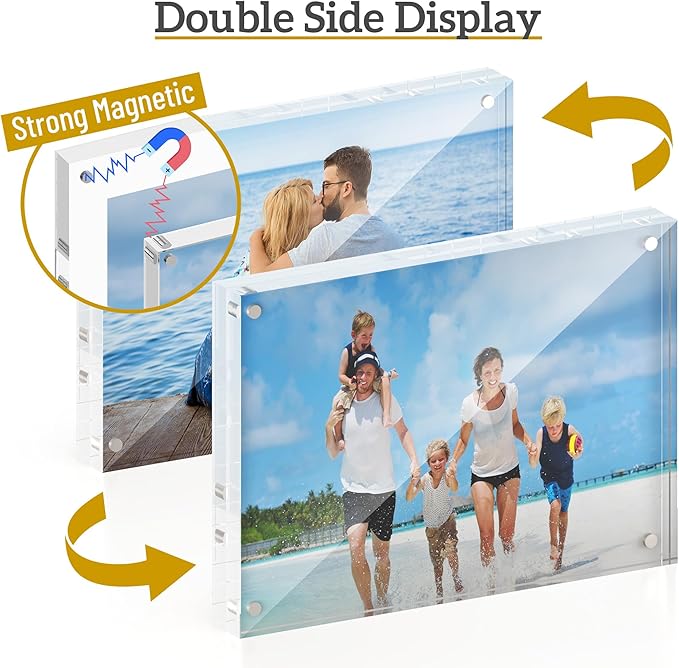 5x7 Acrylic Picture Frame 5 Pack, 20mm Thick Magnetic Double Sided Display 20% Thicker- Frameless Clear Transparent Photo Frame for Desktop/Tabletop, Self Standing with Microfiber Cloth