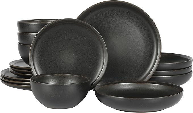 Gibson Elite Beckett Stoneware Matte Reactive Glaze 16 Piece (Service for 4) Plates and Bowls Dinnerware Set - Black