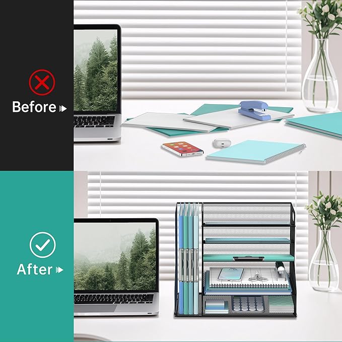 SUPEASY Desk Organizer with File Holder, 5-Tier Mesh Paper Letter Tray with Magazine Holder, Desktop Organizer and Storage for Desk Accessories Office Supplies, Black