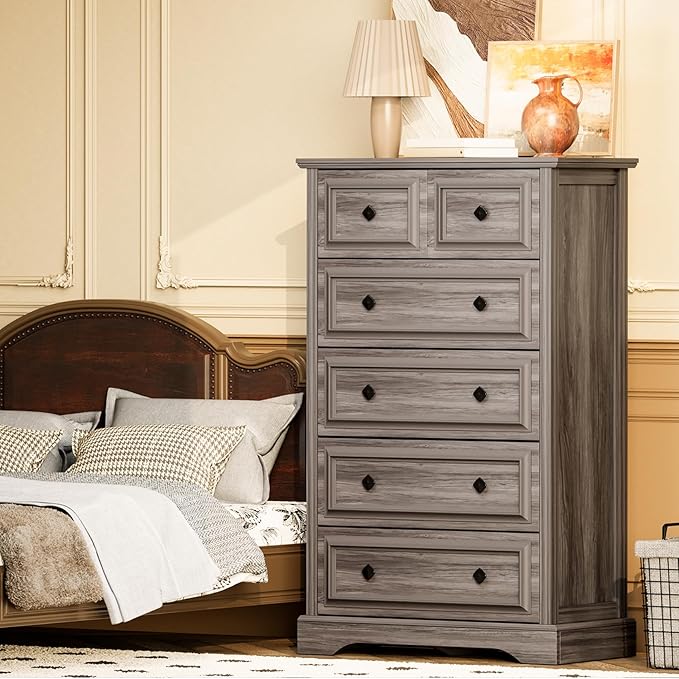 Grey Dresser, 48" Tall Dresser with Natural Texture & Metal Handles, 6 Drawer Chest of Drawers for Bedroom, Living Room, Hallway, Vintage Design
