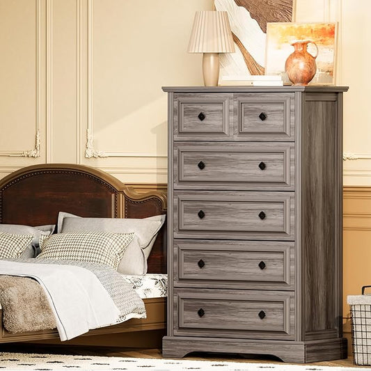 Grey Dresser, 48" Tall Dresser with Natural Texture & Metal Handles, 6 Drawer Chest of Drawers for Bedroom, Living Room, Hallway, Vintage Design