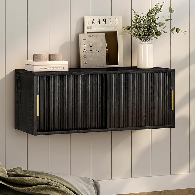 Fluted Floating TV Stand Set of 2, 30" Multi-Purpose Modern TV Display Shelf Console Entertainment Center Cabinet with Sliding Doors for Bedroom Living Room Entryway, Black