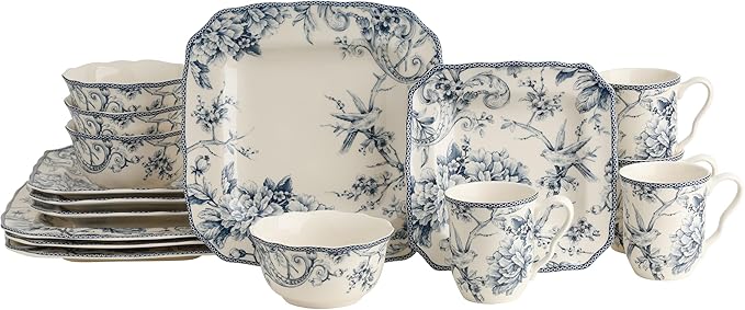 222 Fifth Adelaide 16-Piece Square Floral Dinnerware Set – Service for 4, Blue & White Porcelain Plates & Bowls, for Everyday Dining & Entertainment, Microwave & Dishwasher Safe, Chip Resistant