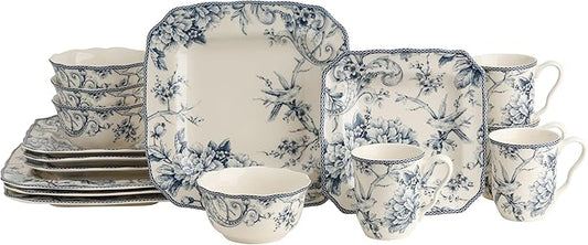 222 Fifth Adelaide 16-Piece Square Floral Dinnerware Set – Service for 4, Blue & White Porcelain Plates & Bowls, for Everyday Dining & Entertainment, Microwave & Dishwasher Safe, Chip Resistant