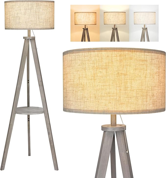 ELYONA Tripod Floor Lamp with 3 Color Temperatures LED Blub, Wood Floor Lamp with Table - Farmhouse Tall Reading Standing Light for Living Room, Bedroom, Office, Study Room, Pull Chain Controls, Grey