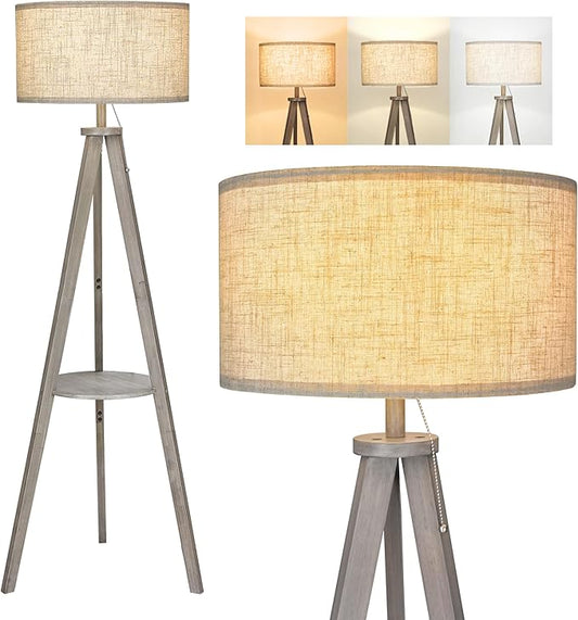 ELYONA Tripod Floor Lamp with 3 Color Temperatures LED Blub, Wood Floor Lamp with Table - Farmhouse Tall Reading Standing Light for Living Room, Bedroom, Office, Study Room, Pull Chain Controls, Grey