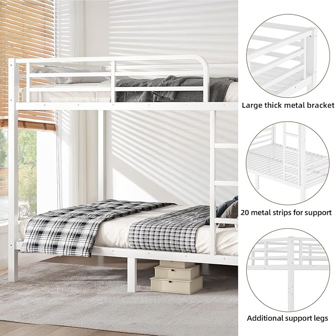 Full Over Full Bunk Bed Frame, Heavy Duty Metal Loft Bed for Adults/Teens, 350/500LB Capacity w/Ladder & Guardrail, Noise-Free Steel Slats, No Box Spring Required, White