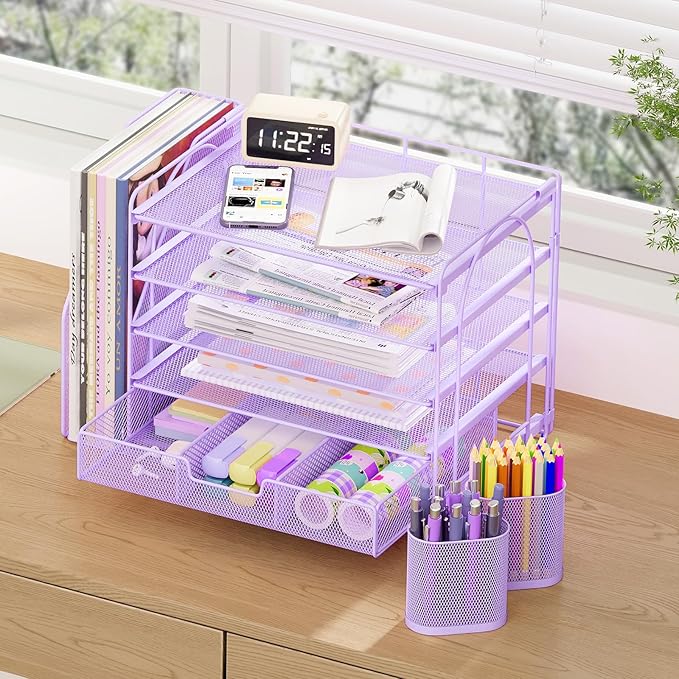 Desk Organizers and Accessories with File Holder, 5-Tier Office Desk Accessories & Workspace Desktop Organizer with Drawer and 2 Pen Holder, File Paper Organizer for Office Supplies(Purple)