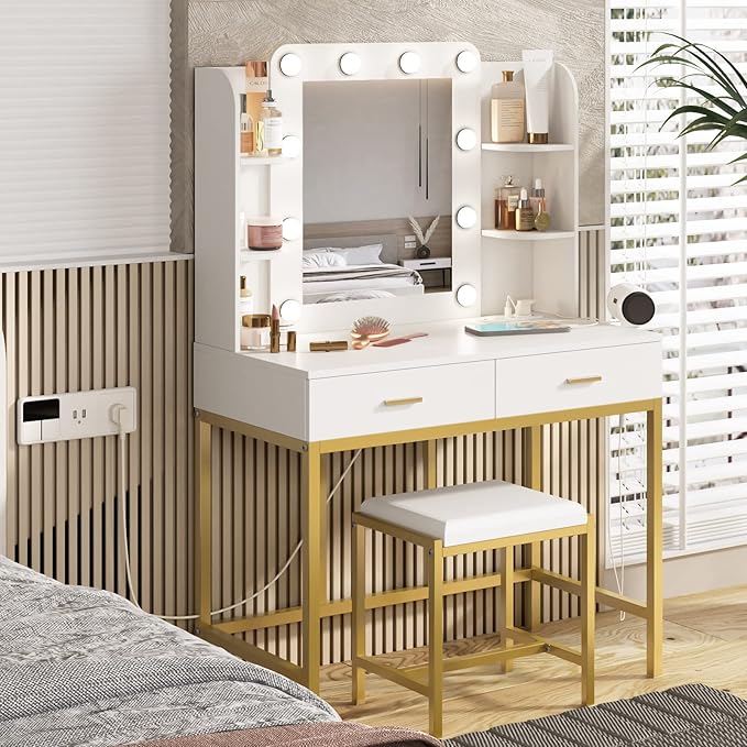 Vabches Vanity Desk with Mirror and Lights, with Charging Station,Makeup Vanity Table Set with Lighted Mirror, with 3 Lighting Modes and 2 Drawers&Cushioned Stool for Bedroom