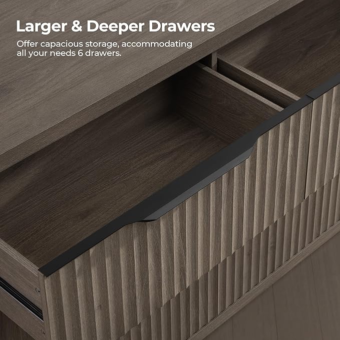 SICOTAS Dresser for Bedroom 6 Drawer Dressers & Chests of Drawers for Closet Long Large Modern TV Stand Set for Clothes Storage Fluted Wide Clothes Closet for Hallway Entryway (Grey Alder, 1 Piece)