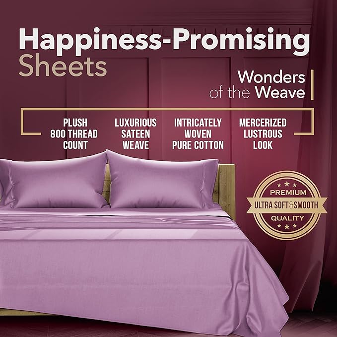 TEXAS LINEN CO. Egyptian Cotton California King Bed Sheets - 800 Thread Count 4 PC Plum Bed Sheet for Calking Size Bed, Extra Long Staple Sateen Deep Pocket Luxury Hotel Sheets, Soft Cooling Sheets