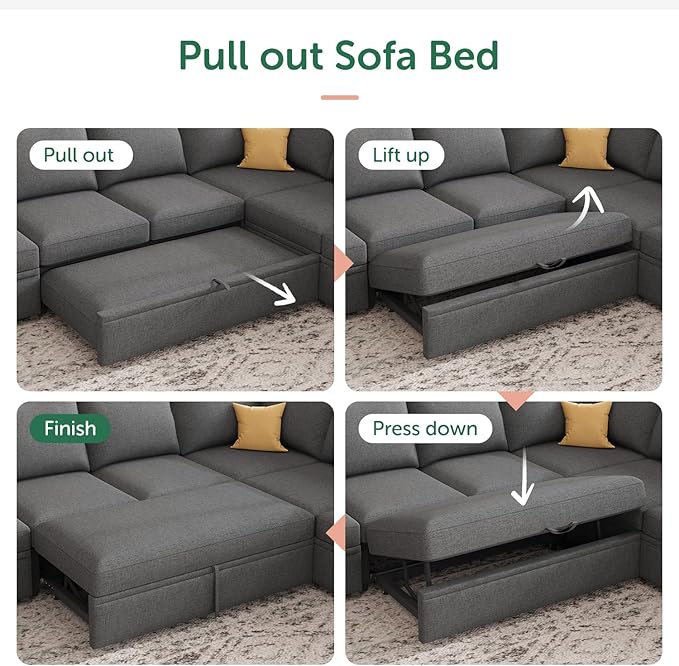 HONBAY Modular Sectional Sleeper Sofa Bed, with Pull Out Bed, Linen Convertible Sectional Couches for Living Room - Dark Grey