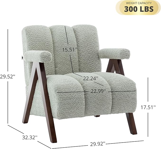 Mid Century Modern Accent Chairs Set of 2 with Solid Wood Frame, Boucle Upholstered Living Room Chairs with Thick Cushion, Comfy Tufted Arm Chair for Bedroom, Sage